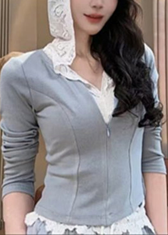 Grey Pants Set Pieces Sweatshirt And Zippered Women Two Hooded FashionChic