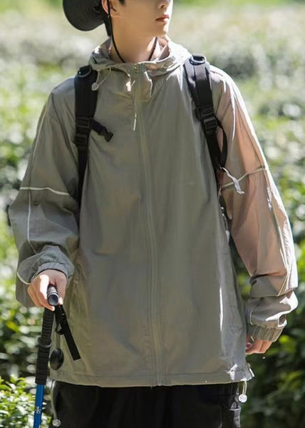 Hooded 50+ Summer UPF Zippered Ice Pockets Silk Men Grey Coat FashionChic