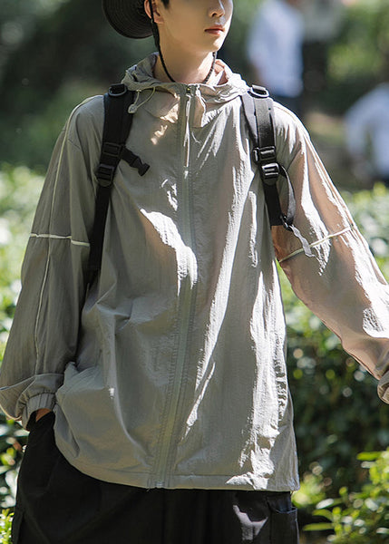 Hooded 50+ Summer UPF Zippered Ice Pockets Silk Men Grey Coat FashionChic