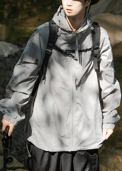 Hooded 50+ Summer UPF Zippered Ice Pockets Silk Men Grey Coat FashionChic