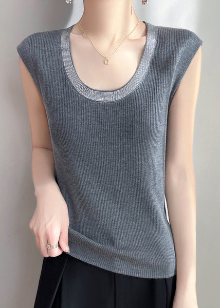 U Sleeveless Tank Knit Zircon Patchwork Neck Grey FashionChic