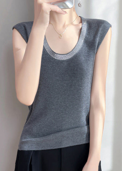 U Sleeveless Tank Knit Zircon Patchwork Neck Grey FashionChic