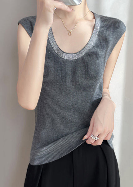 U Sleeveless Tank Knit Zircon Patchwork Neck Grey FashionChic
