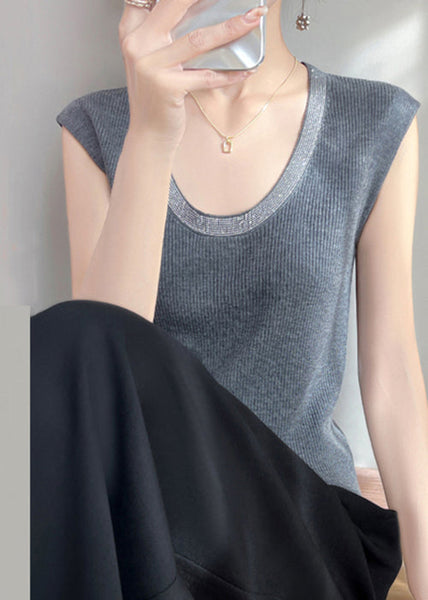 U Sleeveless Tank Knit Zircon Patchwork Neck Grey FashionChic