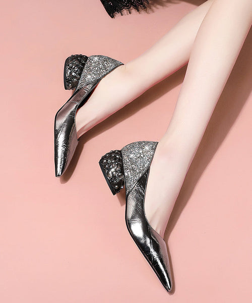 Gun Color Cowhide Leather Zircon Chunky Heels Splicing Pointed Toe QK047 shoe-GGX241013