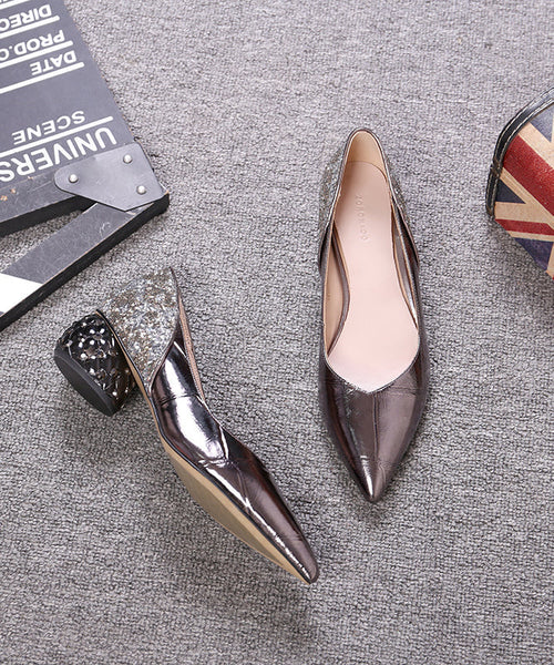 Gun Color Cowhide Leather Zircon Chunky Heels Splicing Pointed Toe QK047 shoe-GGX241013