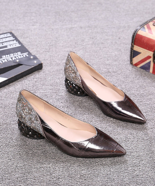 Gun Color Cowhide Leather Zircon Chunky Heels Splicing Pointed Toe QK047 shoe-GGX241013