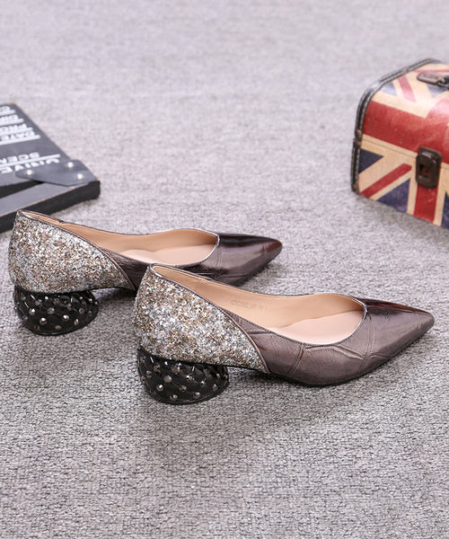 Gun Color Cowhide Leather Zircon Chunky Heels Splicing Pointed Toe QK047 shoe-GGX241013