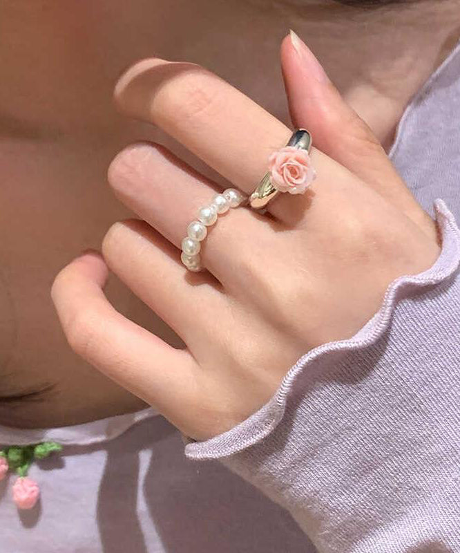 Floral Two-Piece Set Alloy Handmade Rings Pearl FashionChic