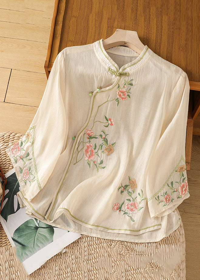 Handmade Apricot Embroidered Button Cotton Shirt Long Sleeve JH048 MMDM-LTP240717