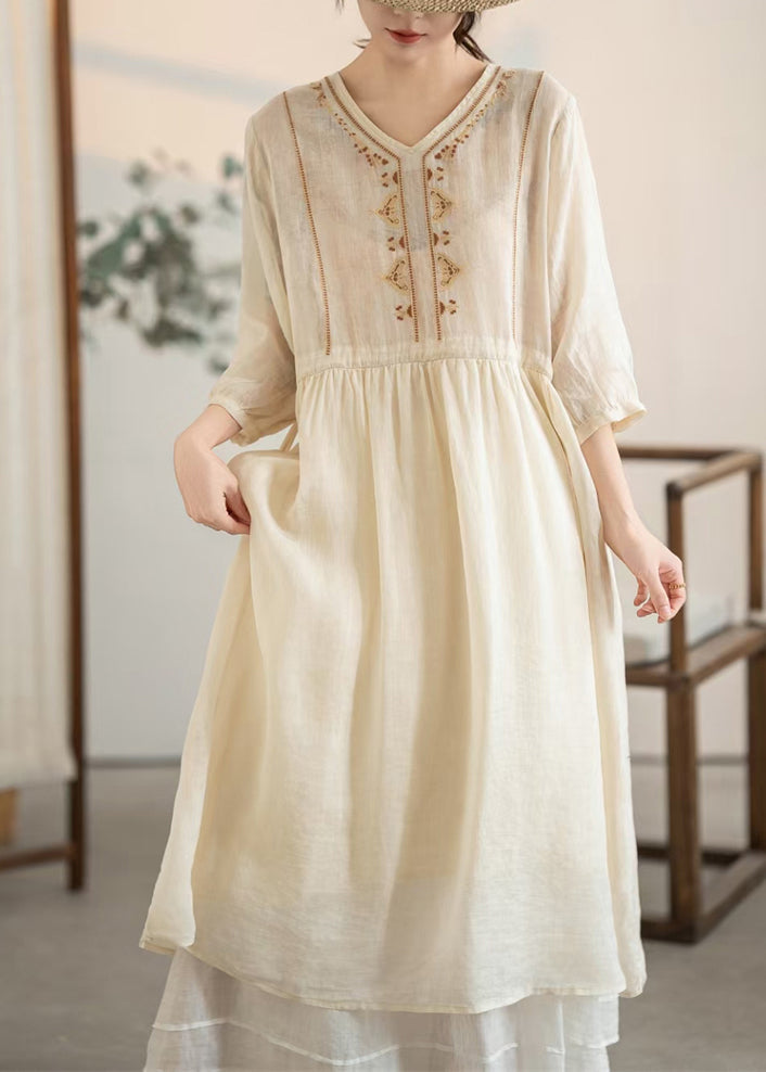 Summer Embroidered Apricot Handmade Linen Drawstring Dress FashionChic