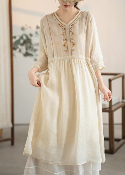 Summer Embroidered Apricot Handmade Linen Drawstring Dress FashionChic