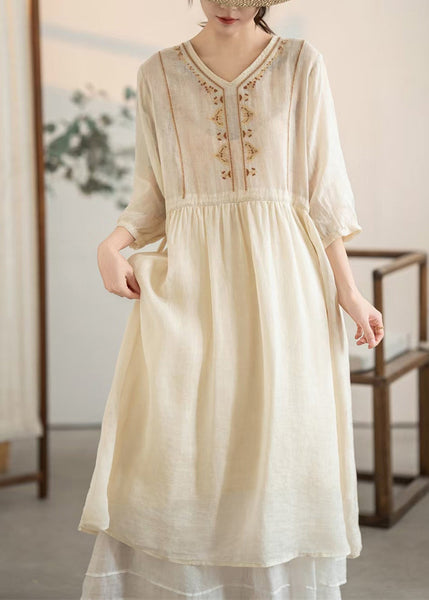 Summer Embroidered Apricot Handmade Linen Drawstring Dress FashionChic