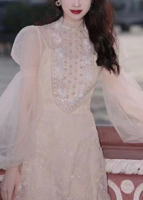 Handmade Apricot Nail Bead Tulle Mid Dress Long Sleeve XX052 SH-LF-SDL240611