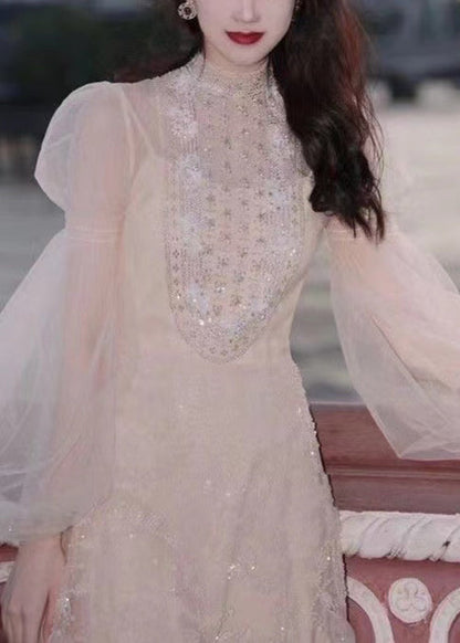 Handmade Apricot Nail Bead Tulle Mid Dress Long Sleeve XX052 SH-LF-SDL240611