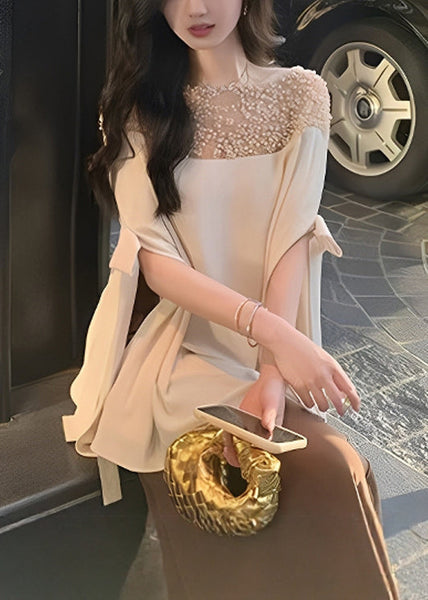 Chiffon Top Sleeved Pearl Handmade Apricot Patchwork Half Bow FashionChic