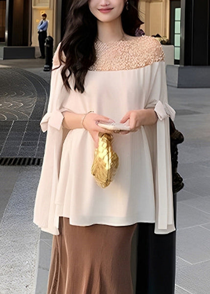 Chiffon Top Sleeved Pearl Handmade Apricot Patchwork Half Bow FashionChic