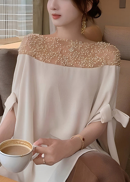 Chiffon Top Sleeved Pearl Handmade Apricot Patchwork Half Bow FashionChic