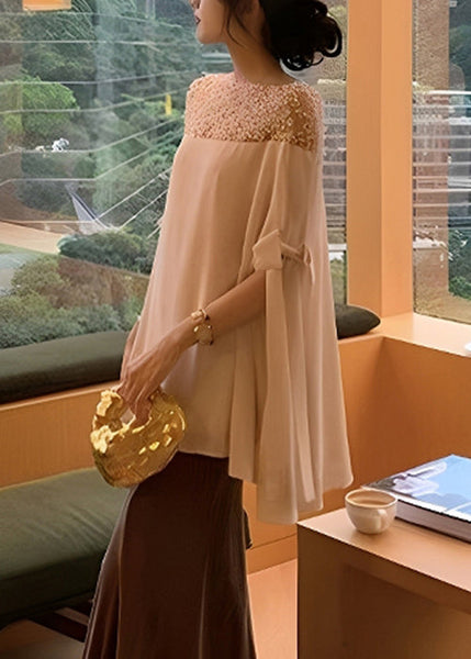 Chiffon Top Sleeved Pearl Handmade Apricot Patchwork Half Bow FashionChic