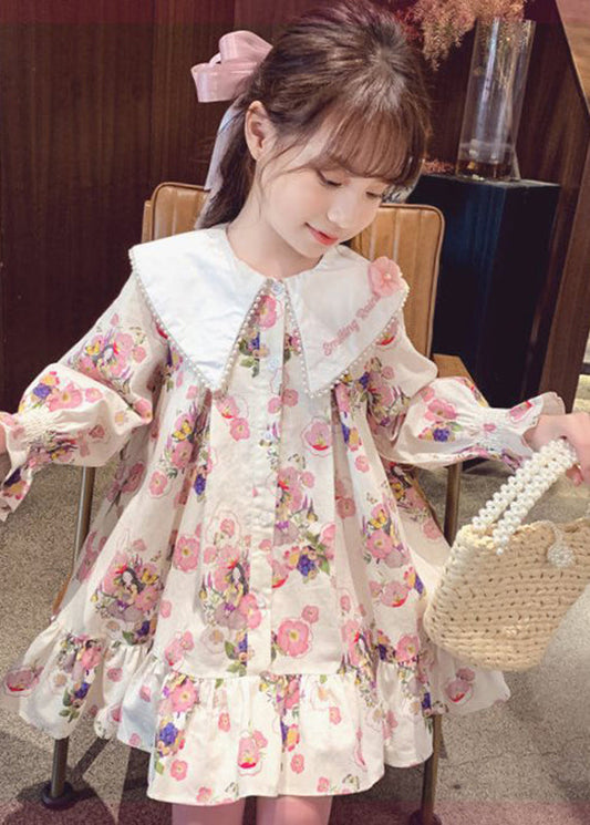 Handmade Apricot Print Nail Bead Girls Mid Dress Long Sleeve SS1044 MM-RCTZ-FDM240601