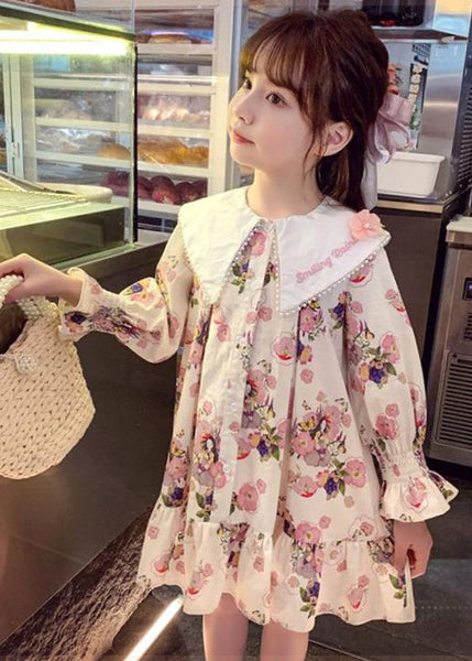 Handmade Apricot Print Nail Bead Girls Mid Dress Long Sleeve SS1044 MM-RCTZ-FDM240601