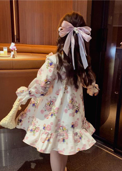 Handmade Apricot Print Nail Bead Girls Mid Dress Long Sleeve SS1044 MM-RCTZ-FDM240601