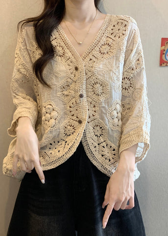 Neck Apricot Cardigan V Handmade Hollow Out Spring Button FashionChic