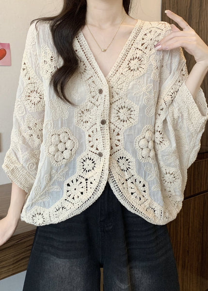 Neck Apricot Cardigan V Handmade Hollow Out Spring Button FashionChic