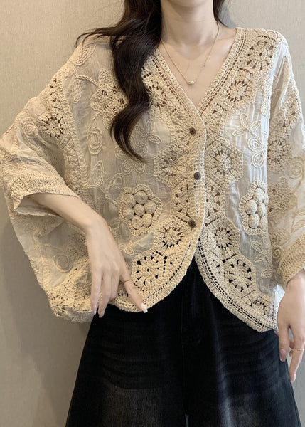 Neck Apricot Cardigan V Handmade Hollow Out Spring Button FashionChic