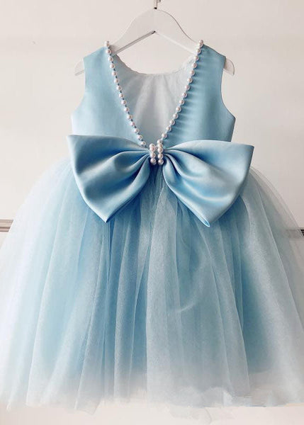 Handmade Baby Blue Nail Bead Backless Tulle Girls Long Dress Sleeveless YS015 ABC