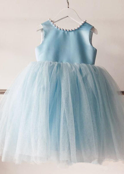 Handmade Baby Blue Nail Bead Backless Tulle Girls Long Dress Sleeveless YS015 ABC
