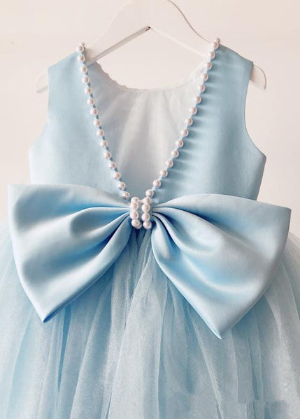 Handmade Baby Blue Nail Bead Backless Tulle Girls Long Dress Sleeveless YS015 ABC