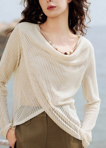 Knit Handmade Asymmetrical Silk Shirt Beige Spring Ice FashionChic