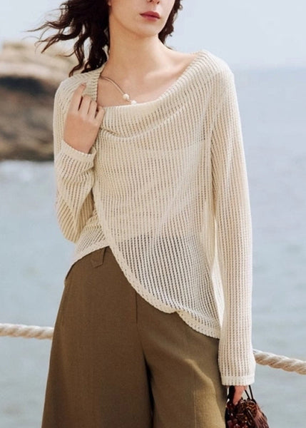 Knit Handmade Asymmetrical Silk Shirt Beige Spring Ice FashionChic