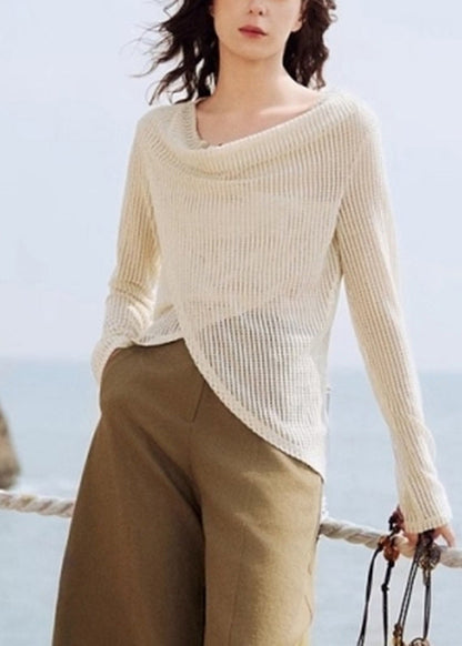 Knit Handmade Asymmetrical Silk Shirt Beige Spring Ice FashionChic
