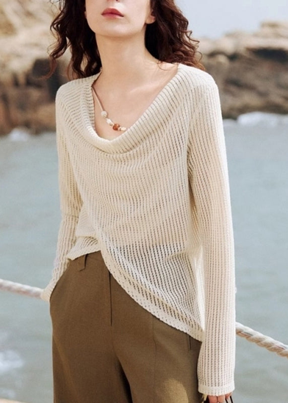 Knit Handmade Asymmetrical Silk Shirt Beige Spring Ice FashionChic