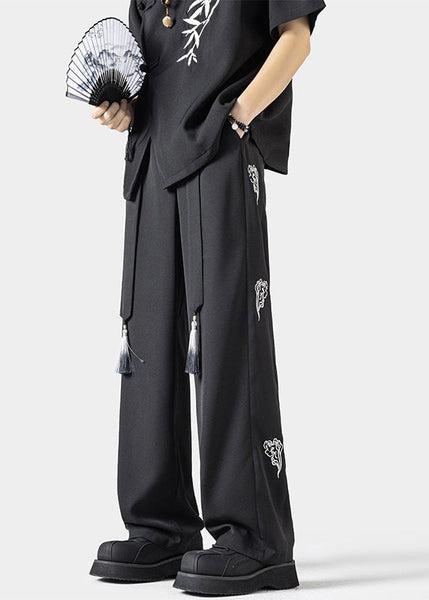 Handmade Beige Embroideried Pockets Ice Silk Men Pants Summer YT048 Men-Silk-MENP240721