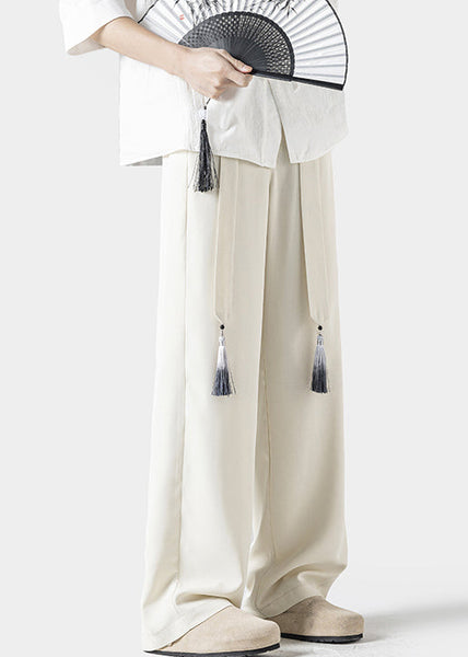 Handmade Beige Embroideried Pockets Ice Silk Men Pants Summer YT048 Men-Silk-MENP240721