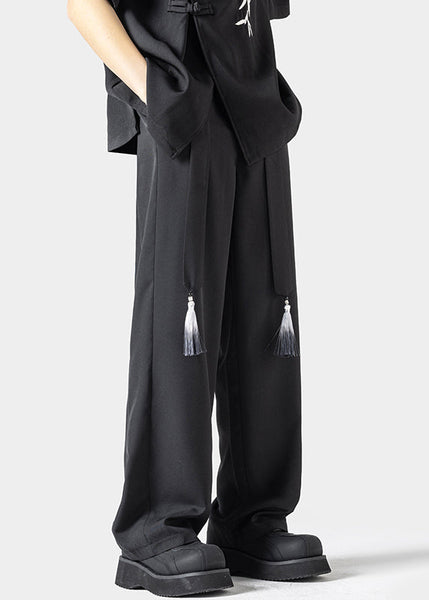 Handmade Beige Embroideried Pockets Ice Silk Men Pants Summer YT048 Men-Silk-MENP240721