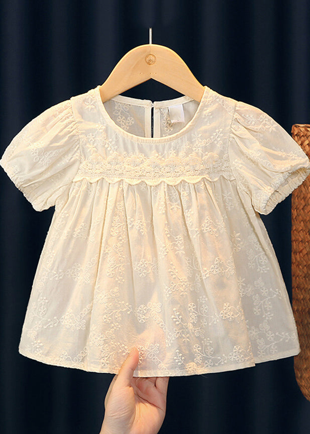 Handmade Beige Embroideried Ruffled Patchwork Girls Top Short Sleeve SS1013 MM-RCTZ-STP240601