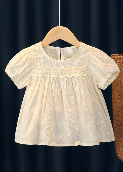 Handmade Beige Embroideried Ruffled Patchwork Girls Top Short Sleeve SS1013 MM-RCTZ-STP240601