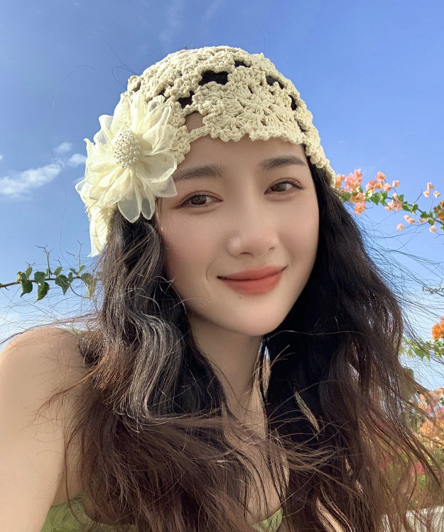 Handmade Beige Hollow Out Floral Knit Bonnie Hat YU1001 Hat-HAT240528