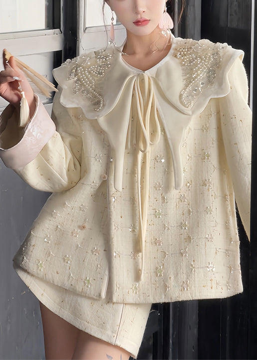 Handmade Beige Nail Bead Sequins Woolen Three Pieces Set Spring TD028