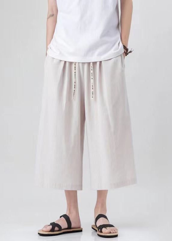 Handmade Beige Pockets Elastic Waist Mens Wide Leg Pants YT015 Men-Silk-MENCP240721