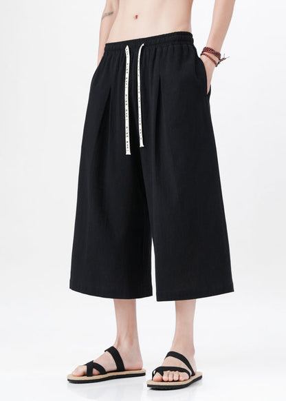 Handmade Beige Pockets Elastic Waist Mens Wide Leg Pants YT015 Men-Silk-MENCP240721