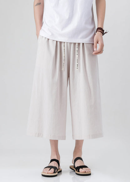 Handmade Beige Pockets Elastic Waist Mens Wide Leg Pants YT015 Men-Silk-MENCP240721