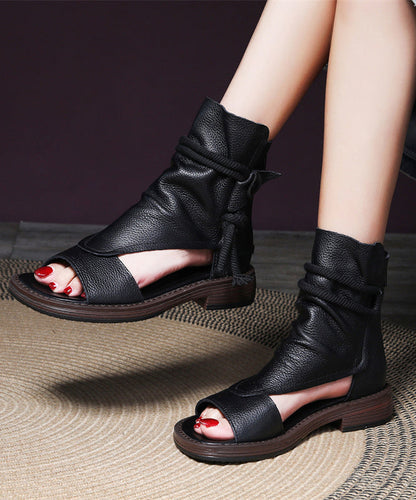 Handmade Beige Splicing Cowhide Leather Chunky Sandals Boots OI039 shoe-XZ240801