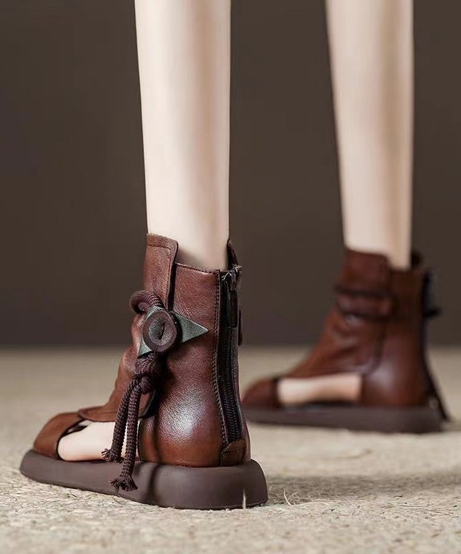 Handmade Beige Splicing Cowhide Leather Chunky Sandals Boots OI039 shoe-XZ240801