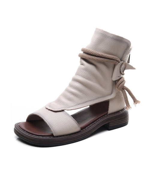 Handmade Beige Splicing Cowhide Leather Chunky Sandals Boots OI039 shoe-XZ240801