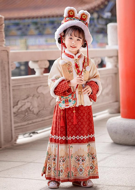 Handmade Beige Stand Collar Patchwork Warm Kids Coats And Maxi Skirts Two Pieces Set Winter TR012 ABC